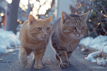 Two cats are walking on the street in winter. Selective focus.の写真素材