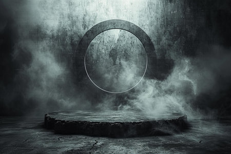 Empty stage with round frame on grunge background. 3d renderingの写真素材