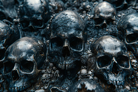 Skulls on black stone background. Halloween concept. Copy space.