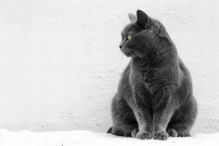 Gray cat sitting on the snow against a white wall with copy spaceの写真素材