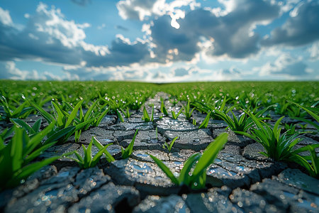 Green grass growing on cracked soil and cloudy sky background. Global warming concept.