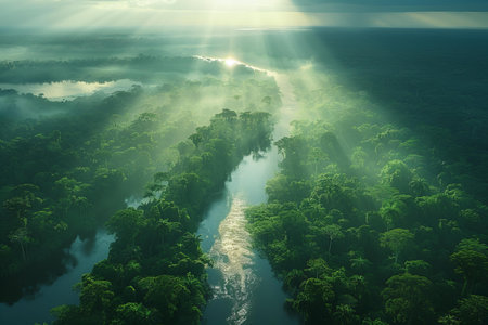 Aerial view of beautiful tropical rainforest with river and sunlight.