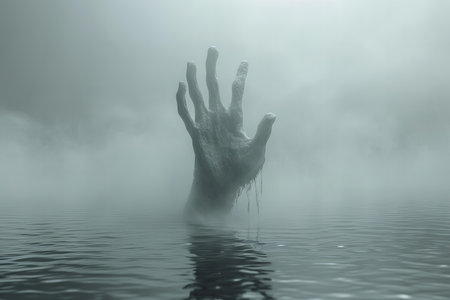 Zombie hand rising out of the water on a foggy dayの写真素材