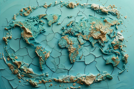 Map of the world covered with cracked paint. Global warming concept.