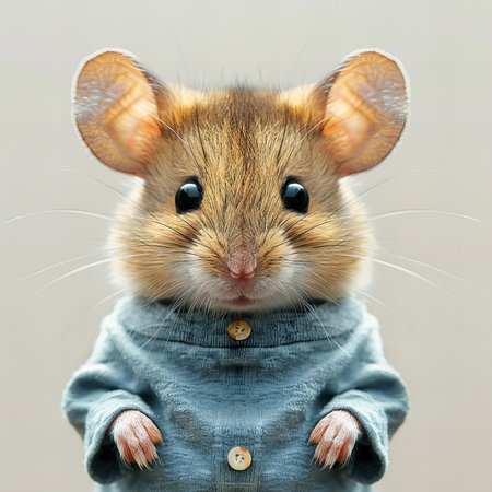 Cute little mouse in a blue sweater on a gray background.の写真素材