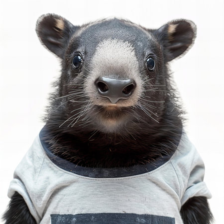 Portrait of a black bear in a t-shirt on a white backgroundの写真素材