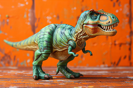 Tyrannosaurus Rex dinosaur toy on orange background. 3d illustration