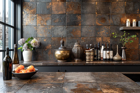 Vintage kitchen interior with countertop, cupboard, black tiled wall and wooden floor.
