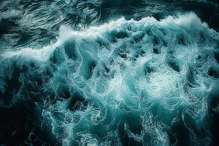 Aerial view of blue sea waves with foam. Abstract background.