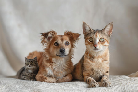 Cute little kittens and chihuahua dog on white backgroundの写真素材