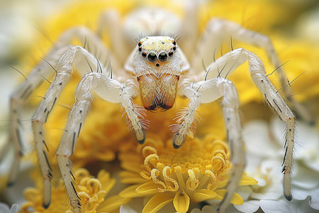 jumping spider macro close up on yellow flower petals in natureの写真素材