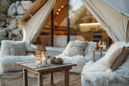 wedding decor in the tent with candles and cushions on the tableの写真素材