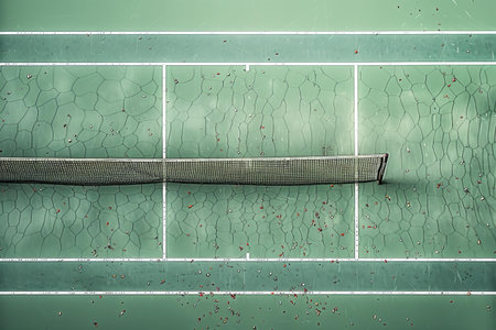 Tennis net on green court background. Top view. Copy spaceの写真素材