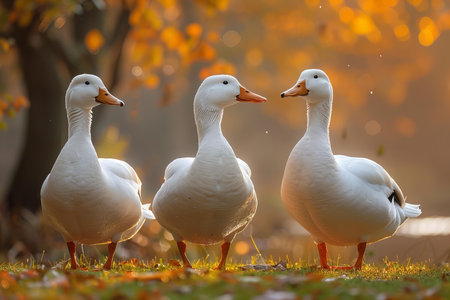 Three white ducks on the green grass in the autumn park at sunsetの写真素材