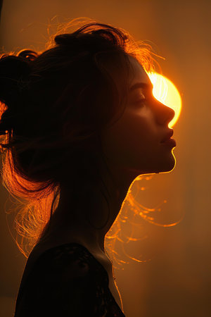 Silhouette of a beautiful girl with long hair on a background of the sunの写真素材