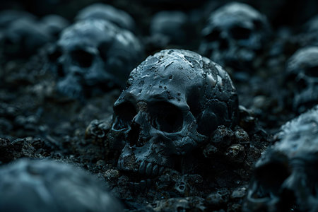 Skulls on the black soil. Halloween concept. Toned.の写真素材