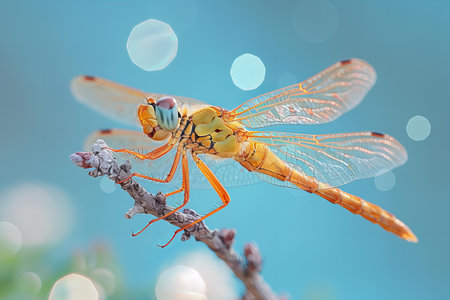 Dragonfly on a branch with bokeh background, close upの写真素材
