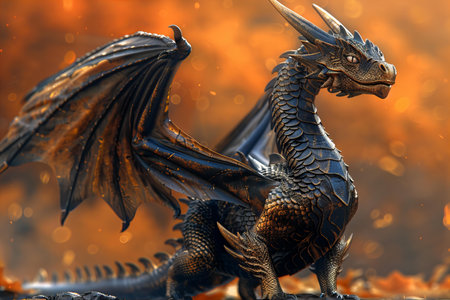 3D rendering of a fantasy dragon with fire flames in the backgroundの写真素材