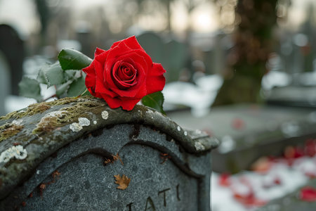 Red rose on a gravestone in a cemetery, shallow depth of fieldの写真素材