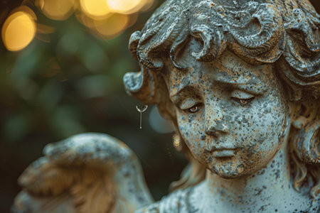 Statue of an angel with a drop of water on his head.の写真素材