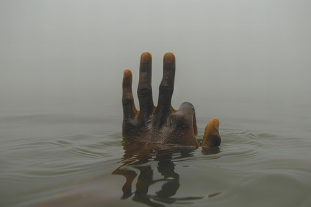 Close up of a human hand in the water with a foggy background