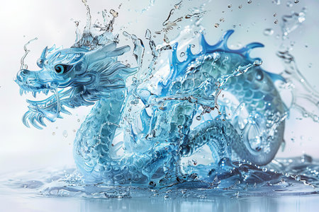 blue dragon in water splash on white background. 3d illustration.の写真素材