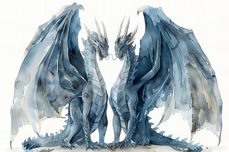 Two blue dragons isolated on white background. Hand drawn watercolor illustrationの写真素材