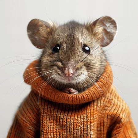 Cute little rat in a knitted scarf on a gray backgroundの写真素材