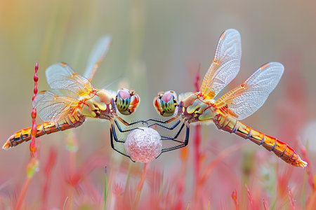 Two dragonflies mating on a grass in the summer. Macro photography