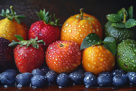 Assorted fresh fruits with water drops on wooden background, selective focusの写真素材