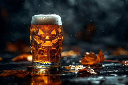 Glass of beer on a dark background. Halloween concept. Selective focus.の写真素材