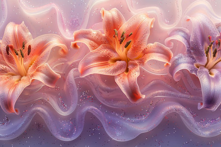 Beautiful lily flowers on abstract background. 3D illustration.の写真素材