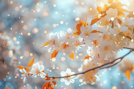 Beautiful cherry blossom with bokeh effect on blue sky background