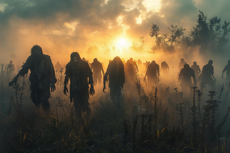 Zombie people in the field at sunset time. Halloween concept.の写真素材