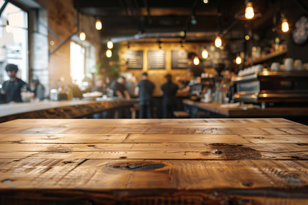 Empty wooden table and Coffee shop blur background with bokeh image.の写真素材