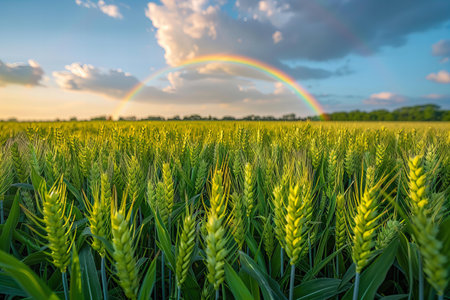 Sunset or sunrise on an agricultural field with ears of young green wheat and a rainbow in the skyの写真素材