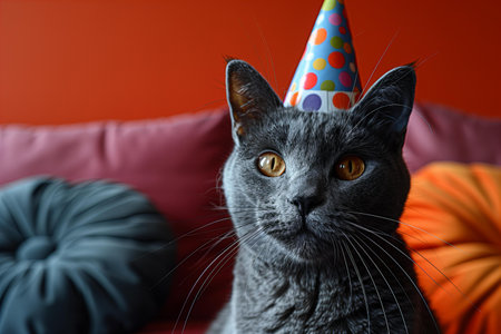 Cute cat with birthday hat on sofa at home, closeupの写真素材