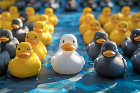 group of yellow rubber ducks on blue background, 3d rendering.の写真素材