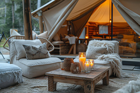 Warm living room interior with tent, sofa, pillows and candlesの写真素材