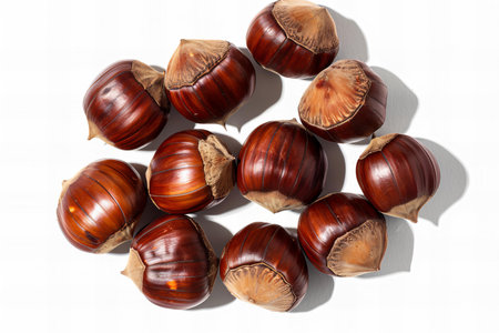 Group of chestnuts on a white background, top view, close-upの写真素材