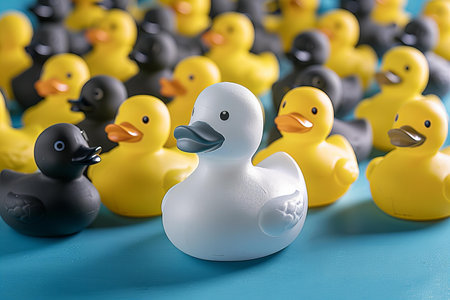 Cute rubber ducks and ducklings on blue background, closeupの写真素材