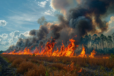 The big fire in the field with blue sky and cloud background.