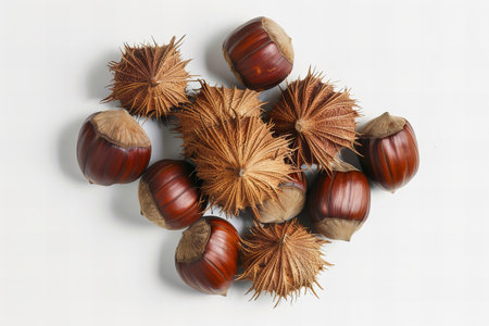 A group of chestnuts on a white background. Top view.の写真素材