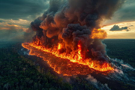 Aerial view of burning forest at sunset.の写真素材