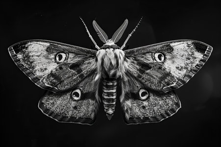 Butterfly on a black background. Black and white photo.の写真素材