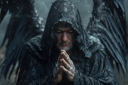 Witch in the dark forest. A man in a black cloak with a hood.の写真素材