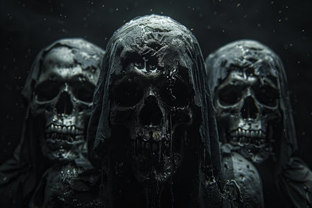 Halloween concept. Scary spooky dark background with black skulls