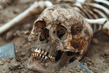 Skull of human and bones on the ground. Halloween concept.の写真素材