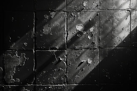 abstract background of black and white brick wall with sunlight and shadowの写真素材