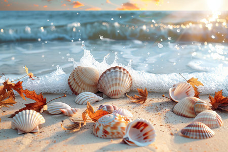 Beautiful sea shells and autumn leaves on sandy beach. Sea backgroundの写真素材